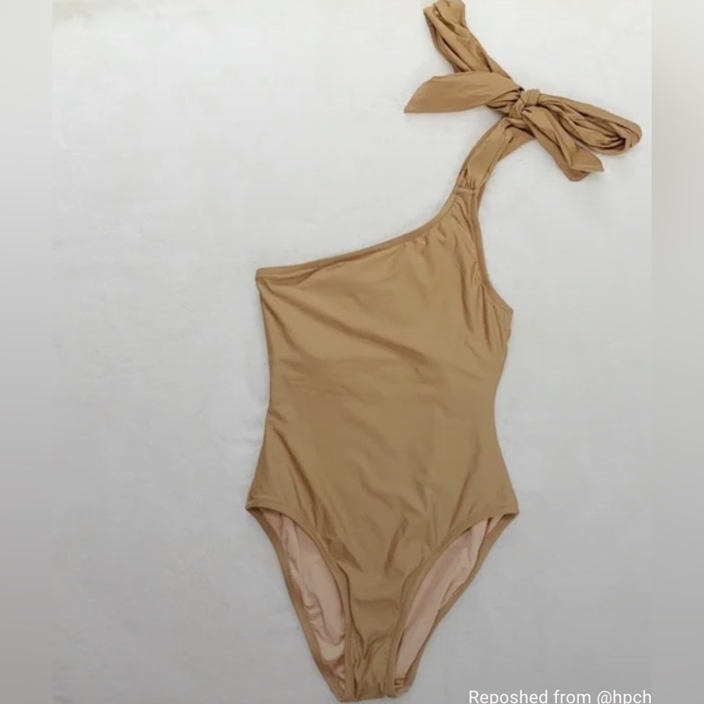 JCrew Pale Mocha Bow-tie one-shoulder one-piece swimsuit